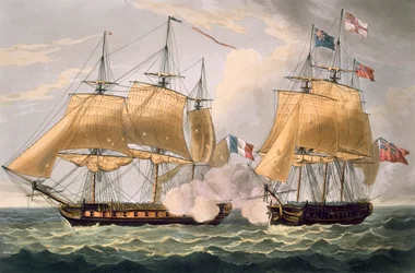 Erobringen av La Clorinde, 26. februar 1814, gravert av Thomas Sutherland for J. Jenkins